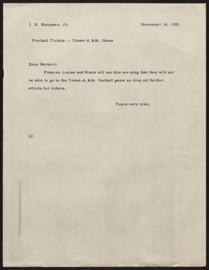 [Letter from D. W. Kempner to I. H. Kempner Jr., November 16, 1951]