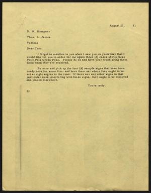 [Letter from D. W. Kempner to Thos. L. James, August 22, 1951]