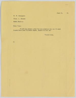 [Letter from D. W. Kempner to T. L. James, June 22, 1951]