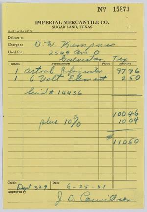 [Invoice for One Astral Refrigerator and One 6 Volt Element Sold to D. W. Kempner]