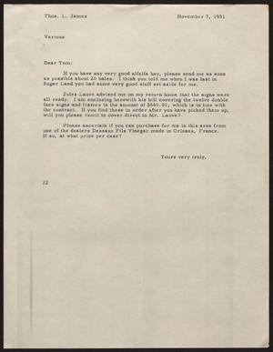 [Letter from D. W. Kempner to T. L. James, November 7, 1951]