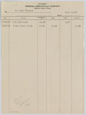 [Invoice for Eight Sacks of Texas Dairy Feed With a Refund Sold to D. W. Kempner]