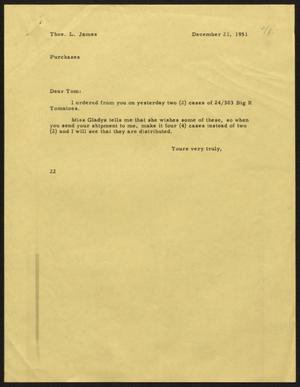[Letter from D. W. Kempner to T. L. James, December 21, 1951]