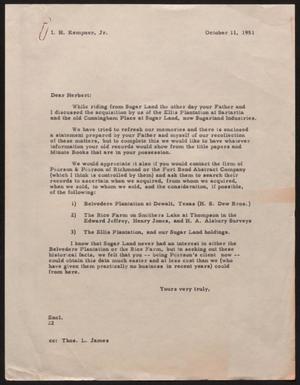 [Letter from D. W. Kempner to I. H. Kempner Jr., October 11, 1951]
