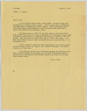 [Letter from D. W. Kempner to Thos. L. James, April 2, 1951]