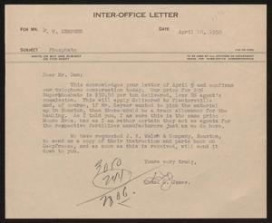 Primary view of object titled '[Letter from Thos. L. James to D. W. Kempner, April 10, 1950]'.