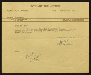 [Letter from T. L. James to D. W. Kempner, October 9, 1951]