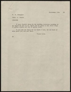 [Letter from D. W. Kempner to Thos. L. James, December 11, 1950]