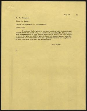 [Letter from D. W. Kempner to Thos. L. James, July 19, 1951]
