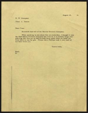 [Letter from D. W. Kempner to Thos. L. James, August 22, 1951]