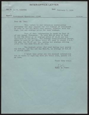 [Letter from T. L. James to D. W. Kempner, February 7, 1950]