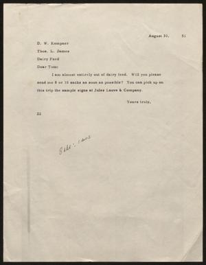 [Letter from D. W. Kempner to Thos. L. James, August 30, 1951]