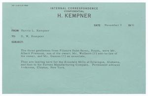 Primary view of object titled '[Message from Harris Leon Kempner to D. W. Kempner, November 9, 1951]'.