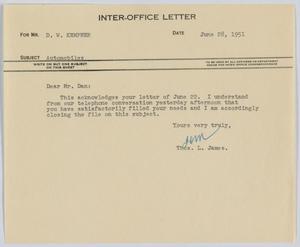 [Letter from T. L. James to D. W. Kempner, June 28, 1951]