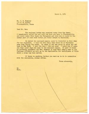 [Letter from A. H. Blackshear, Jr., to D. W. Kempner, March 2, 1951]