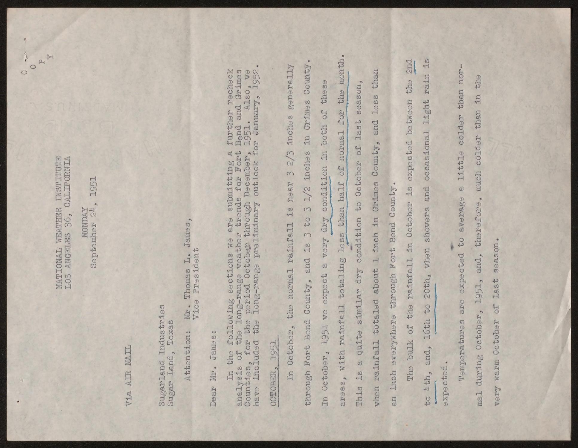[Letter from William H. Rempel to Thomas L. James, September 24, 1951]
                                                
                                                    [Sequence #]: 1 of 8
                                                