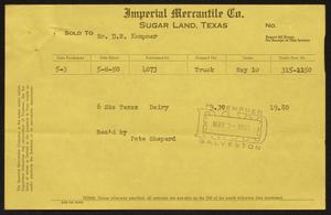 [Invoice for Six Sacks of Texas Dairy Feed Sold to D. W. Kempner]