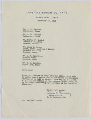 [Letter from I. H. Kempner Jr.'s Secretary to Directors of Imperial Sugar Company, February 14, 1951]