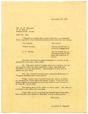 [Letter from Lorraine H. Haglund to D. W. Kempner, November 29, 1951]