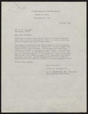 [Letter from E. H. Thornton, Jr. to D. W. Kempner, November 20, 1951]