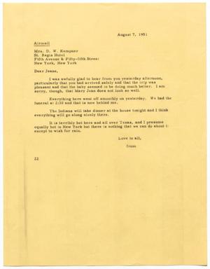 [Letter from D. W. Kempner to Jeane Kempner, August 7, 1951]