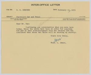 [Letter from T. L. James to D. W. Kempner, February 19, 1951]