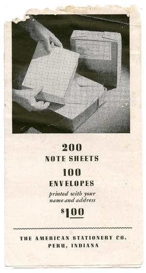 Primary view of object titled '[Pamphlet for Note Sheet and Envelope Packages From the American Stationery Co.]'.