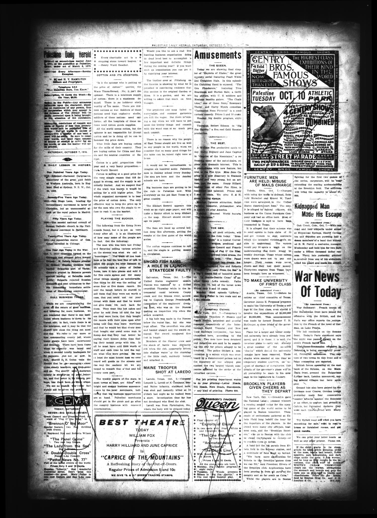 Palestine Daily Herald (Palestine, Tex), Vol. 15, No. 148, Ed. 1 Saturday, October 7, 1916
                                                
                                                    [Sequence #]: 4 of 8
                                                