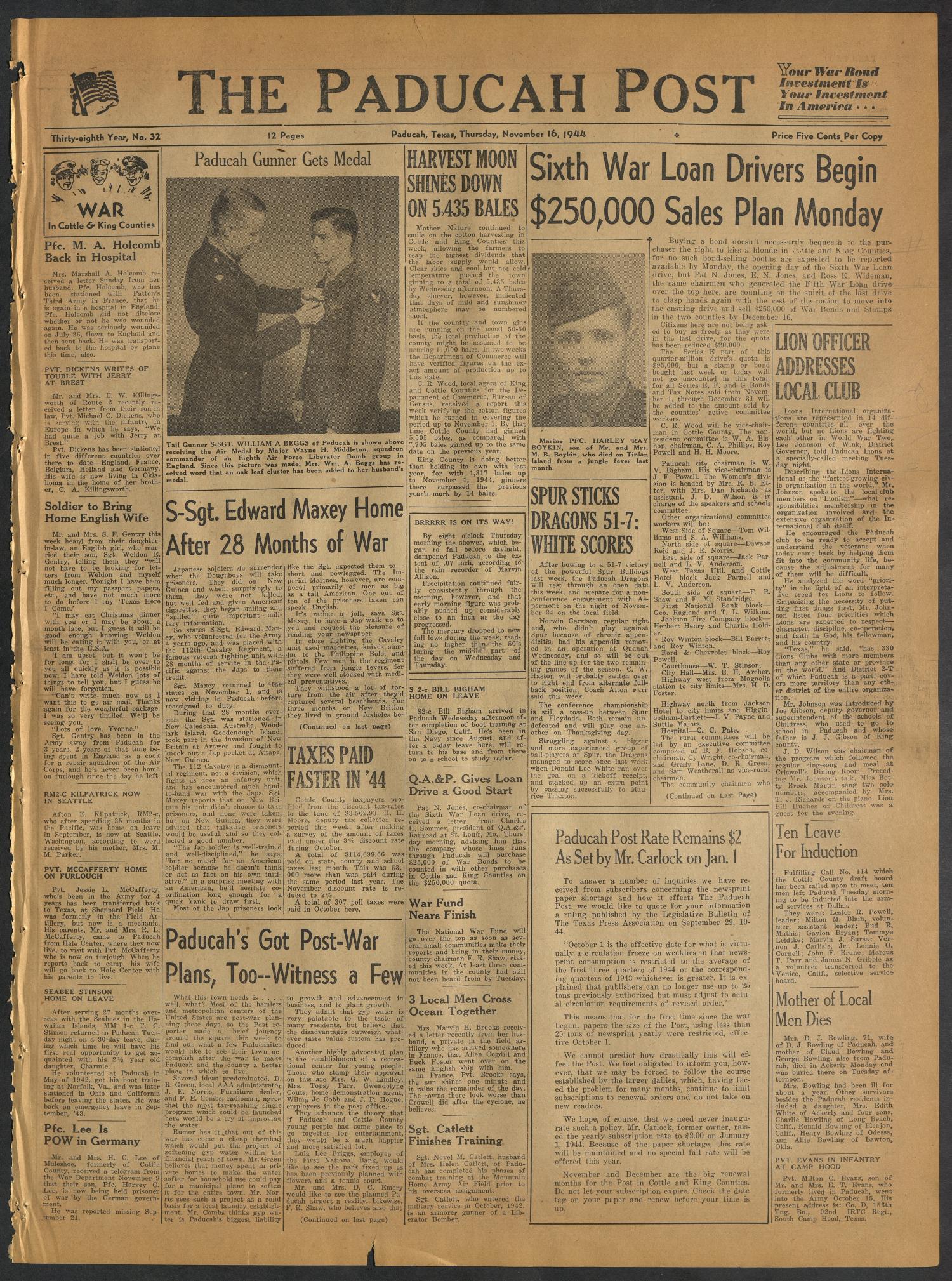 The Paducah Post (Paducah, Tex.), Vol. 38, No. 32, Ed. 1 Thursday, November 16, 1944
                                                
                                                    [Sequence #]: 1 of 12
                                                