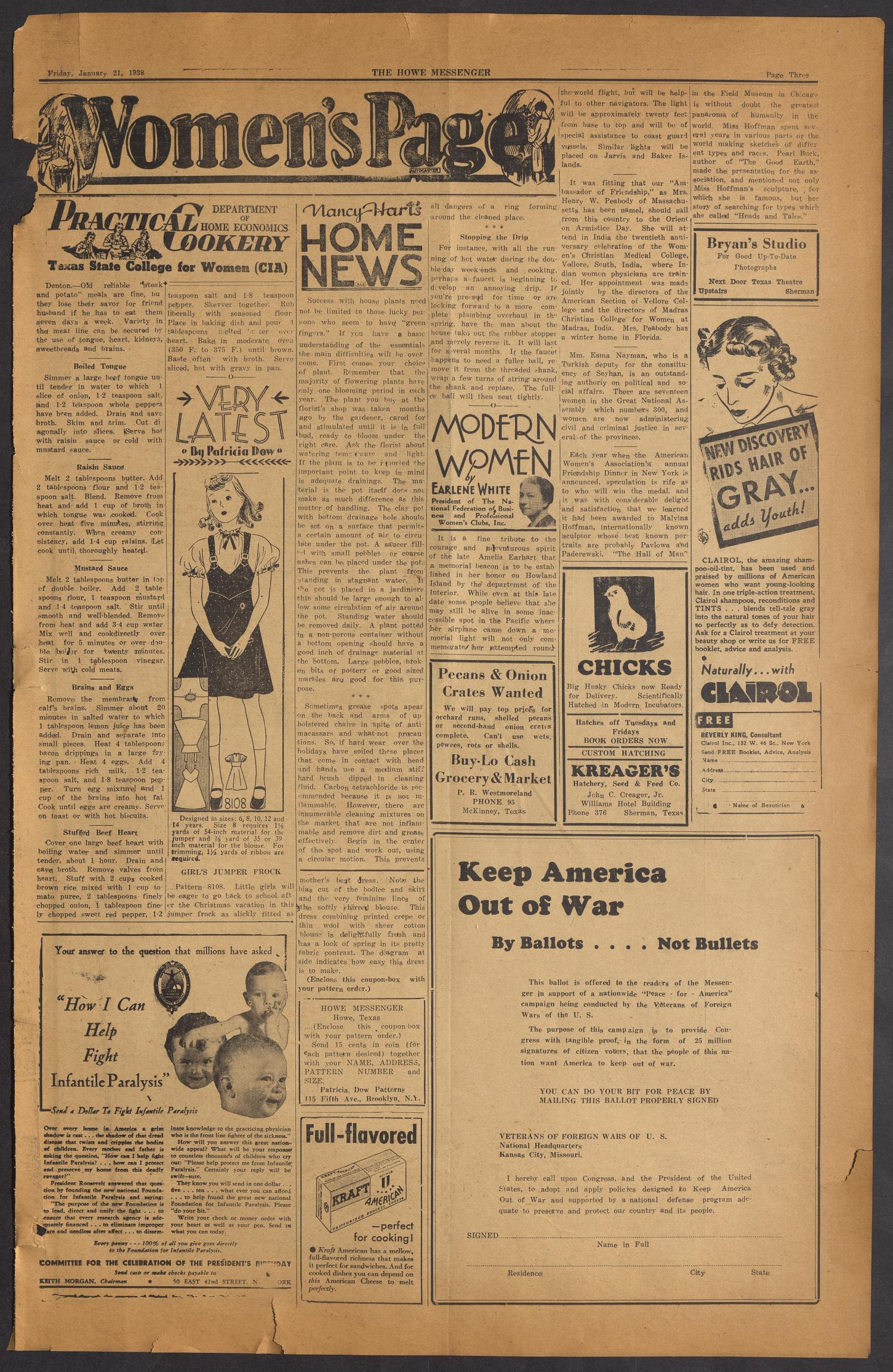 The Howe Messenger (Howe, Tex.), Vol. 15, No. 4, Ed. 1 Friday, January 21, 1938
                                                
                                                    [Sequence #]: 3 of 8
                                                