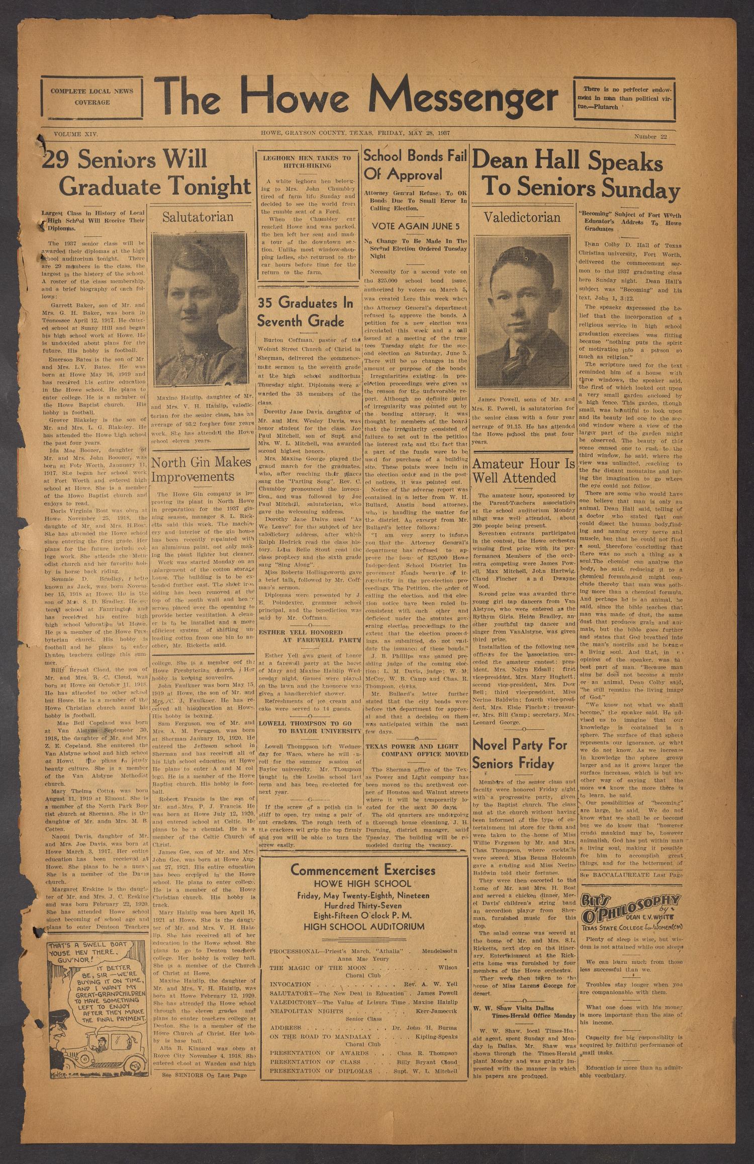 The Howe Messenger (Howe, Tex.), Vol. 14, No. 22, Ed. 1 Friday, May 28, 1937
                                                
                                                    [Sequence #]: 1 of 10
                                                