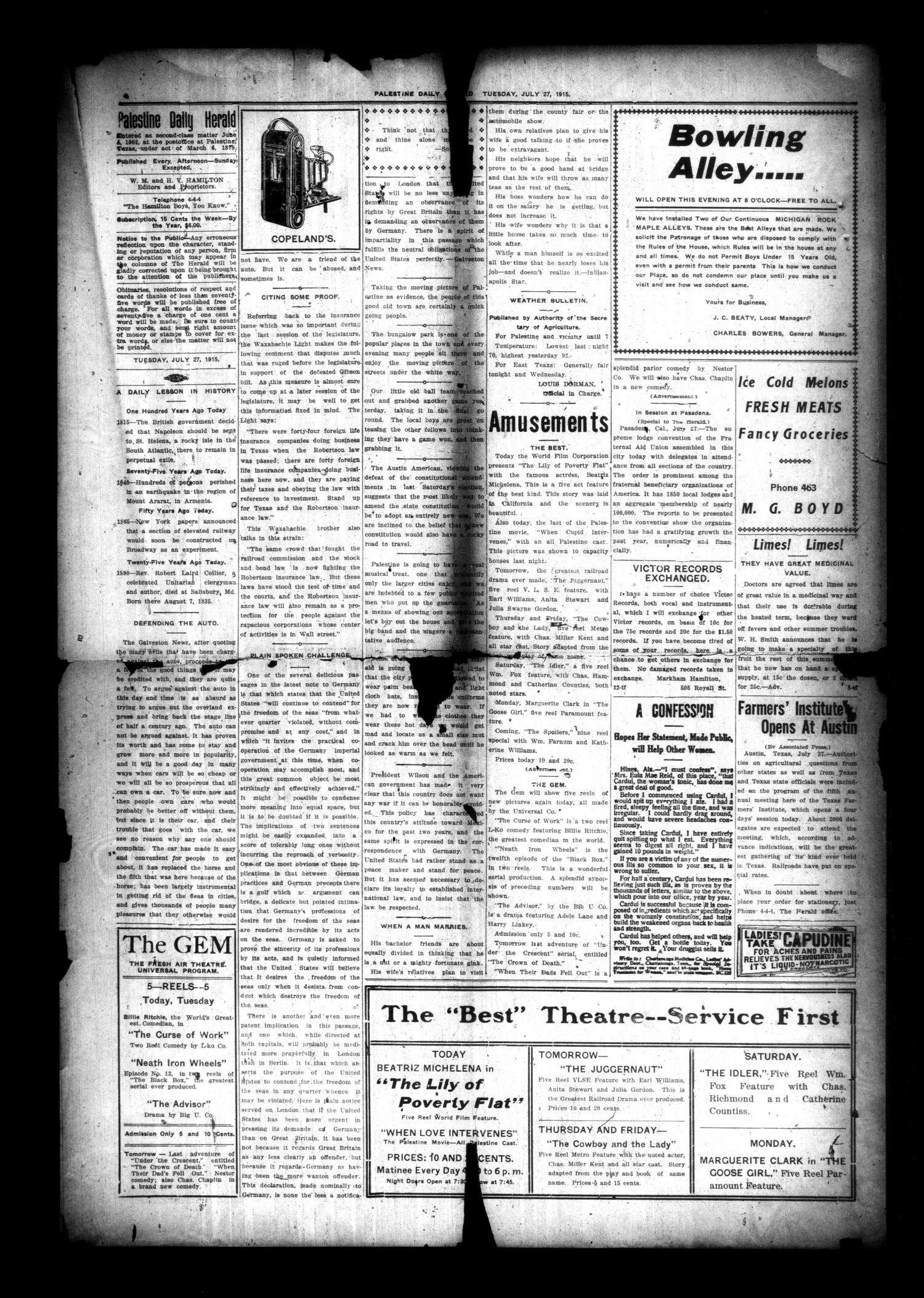 Palestine Daily Herald (Palestine, Tex), Vol. 13, No. 276, Ed. 1 Tuesday, July 27, 1915
                                                
                                                    [Sequence #]: 4 of 8
                                                