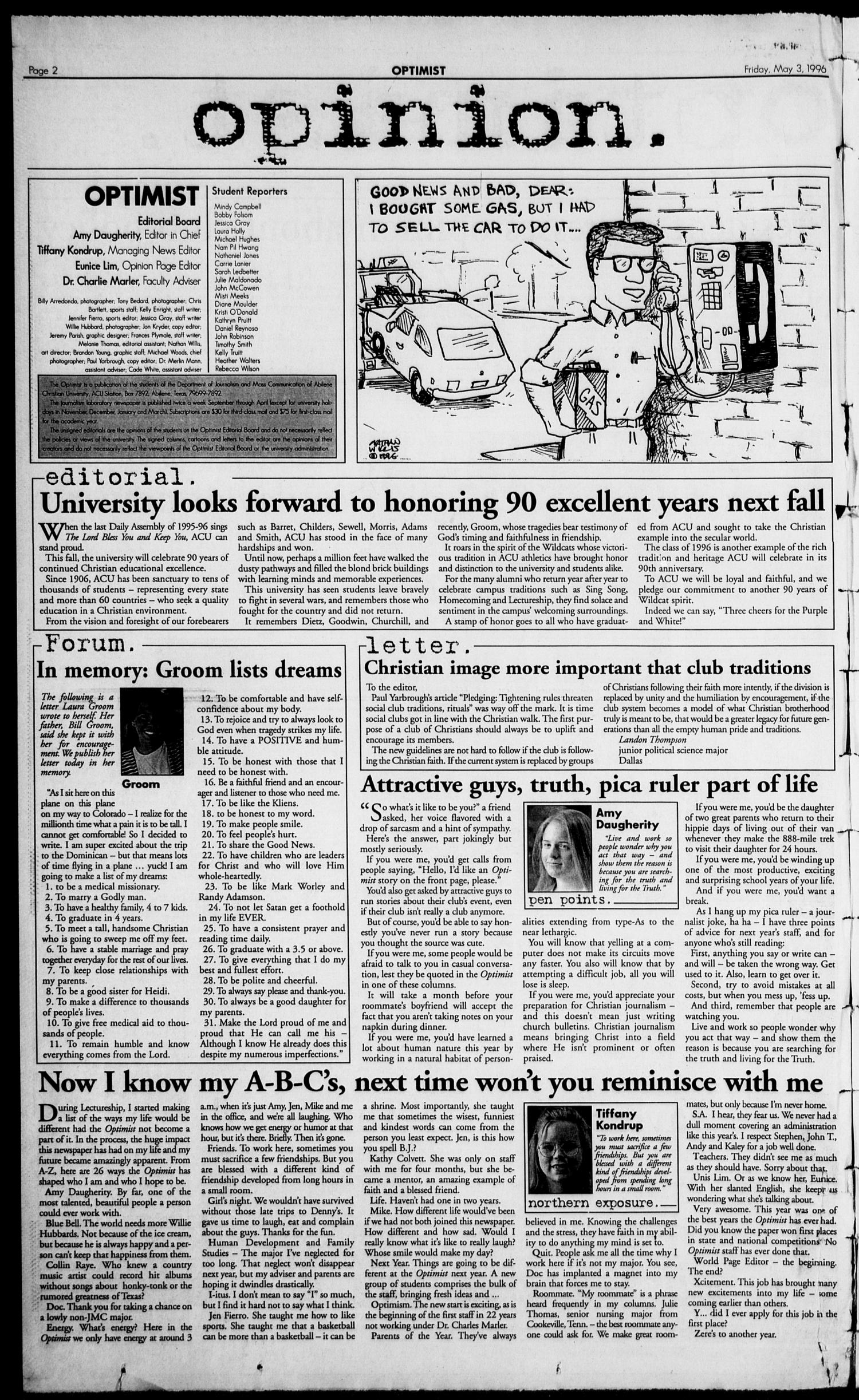 The Optimist (Abilene, Tex.), Vol. 84, No. 55, Ed. 1, Friday, May 3, 1996
                                                
                                                    [Sequence #]: 2 of 10
                                                