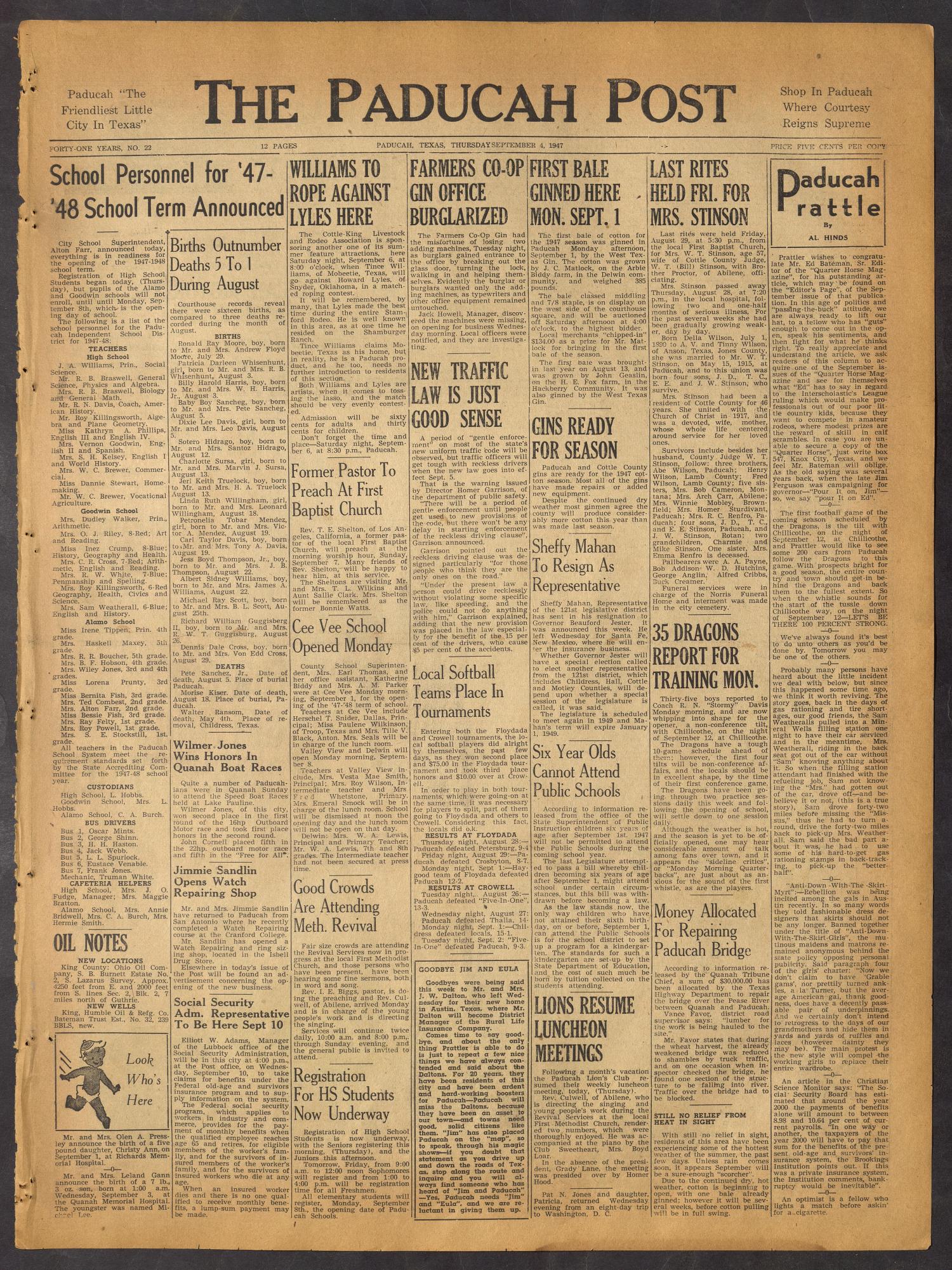 The Paducah Post (Paducah, Tex.), Vol. 41, No. 22, Ed. 1 Thursday, September 4, 1947
                                                
                                                    [Sequence #]: 1 of 12
                                                