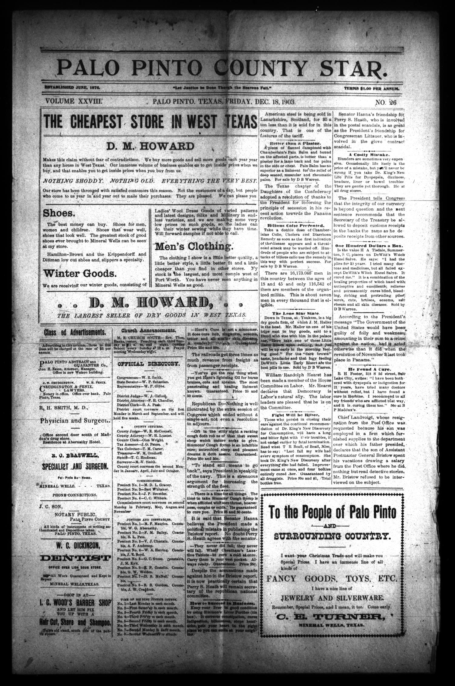 Palo Pinto County Star Palo Pinto Tex Vol 28 No 26 Ed 1 Friday December 18 1903 2056