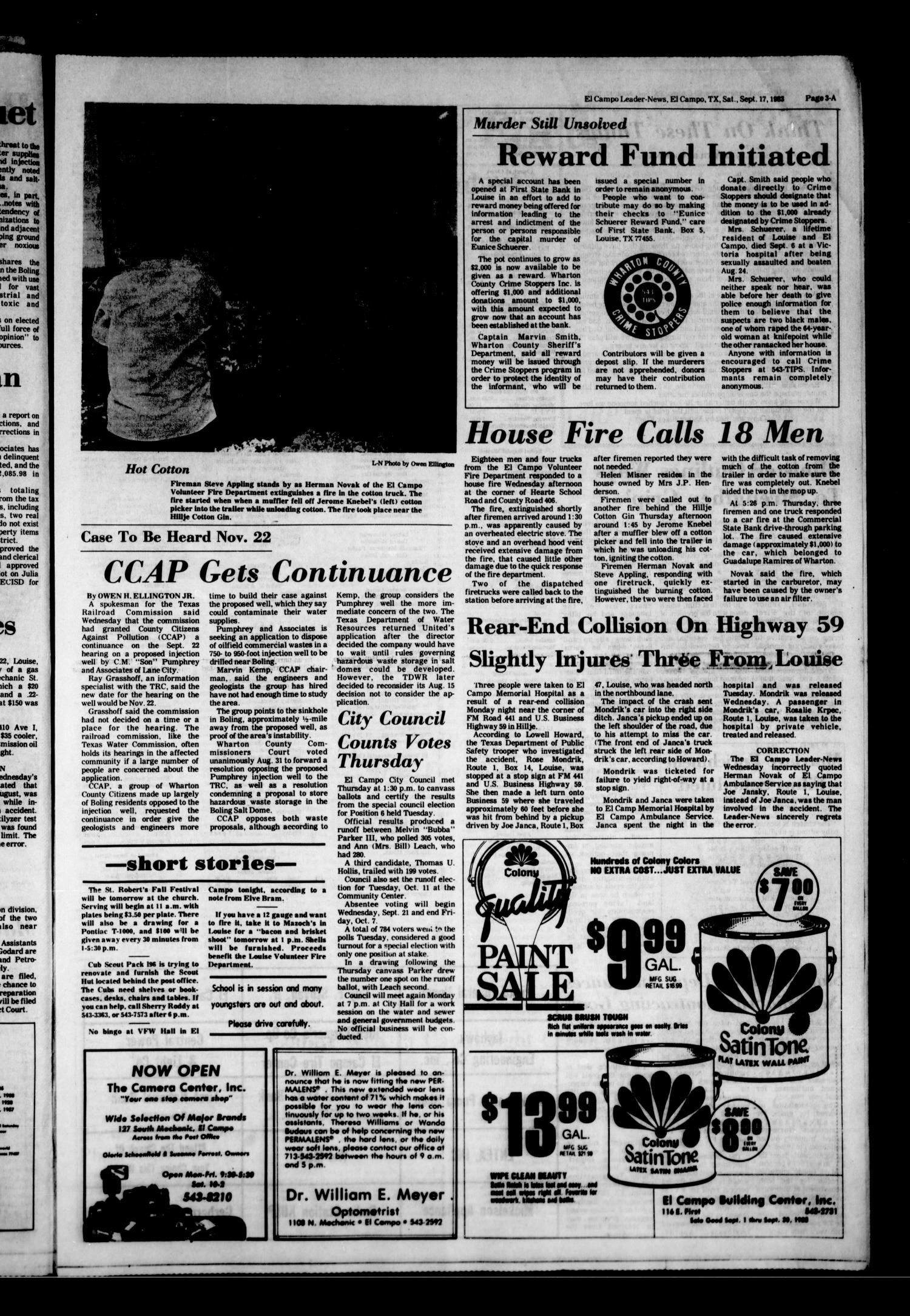 El Campo Leader-News (El Campo, Tex.), Vol. 99, No. 51, Ed. 1 Saturday, September 17, 1983
                                                
                                                    [Sequence #]: 3 of 21
                                                