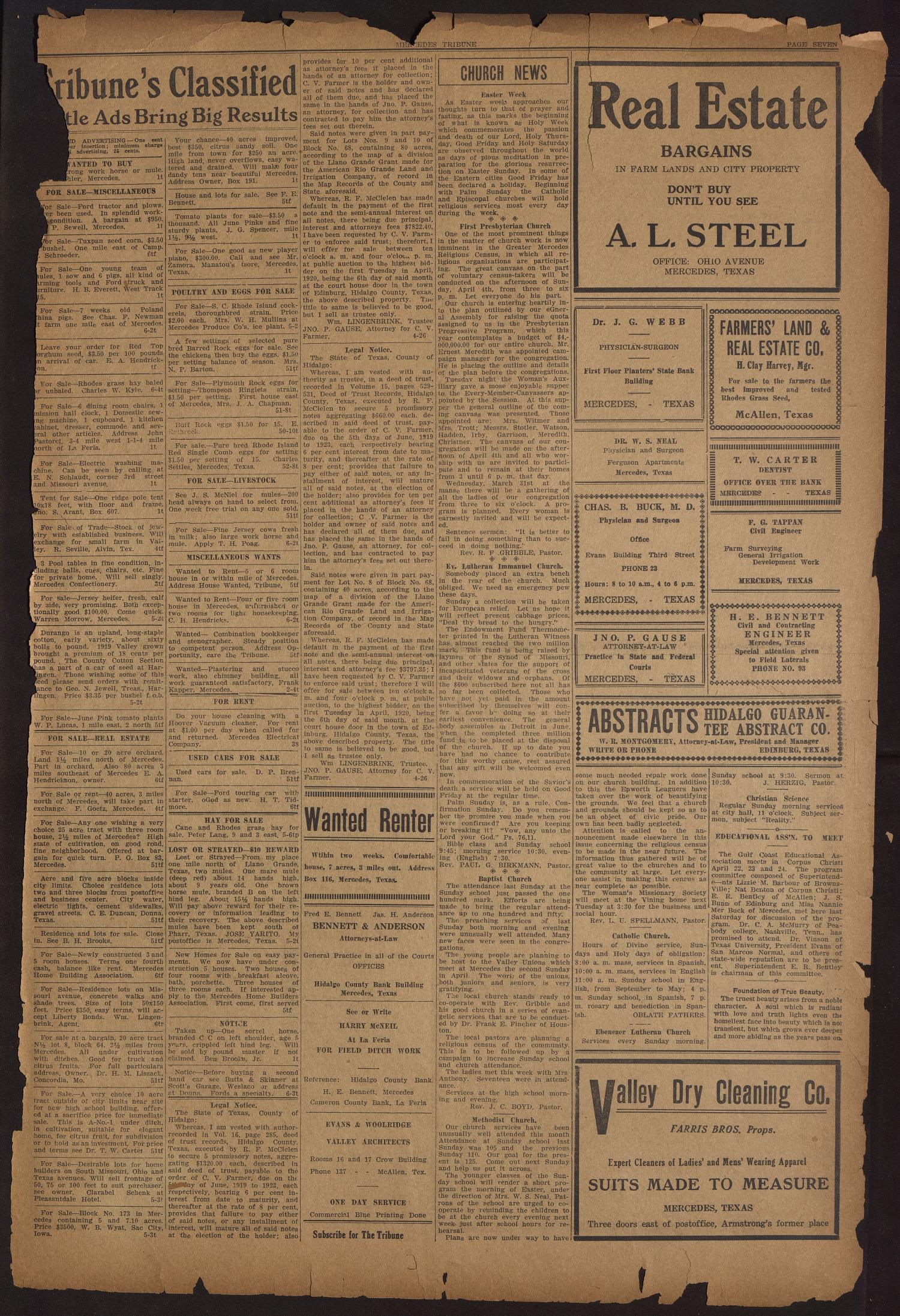 Mercedes Tribune (Mercedes, Tex.), Vol. 7, No. 6, Ed. 1 Friday, March 26, 1920
                                                
                                                    [Sequence #]: 8 of 8
                                                