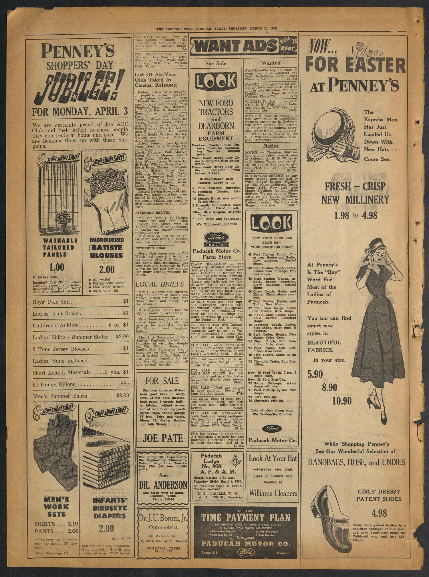 The Paducah Post (Paducah, Tex.), Vol. 43, No. 52, Ed. 1 Thursday, March 30, 1950
                                                
                                                    [Sequence #]: 4 of 12
                                                