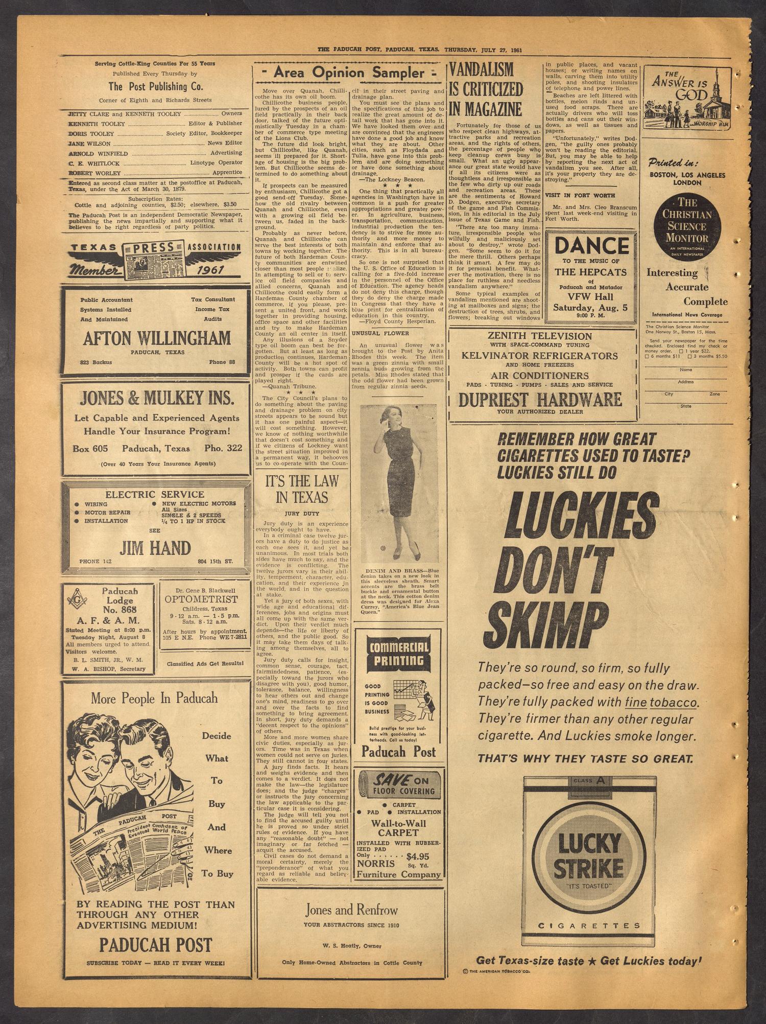 The Paducah Post (Paducah, Tex.), Vol. 55, No. 18, Ed. 1 Thursday, July 27, 1961
                                                
                                                    [Sequence #]: 2 of 8
                                                