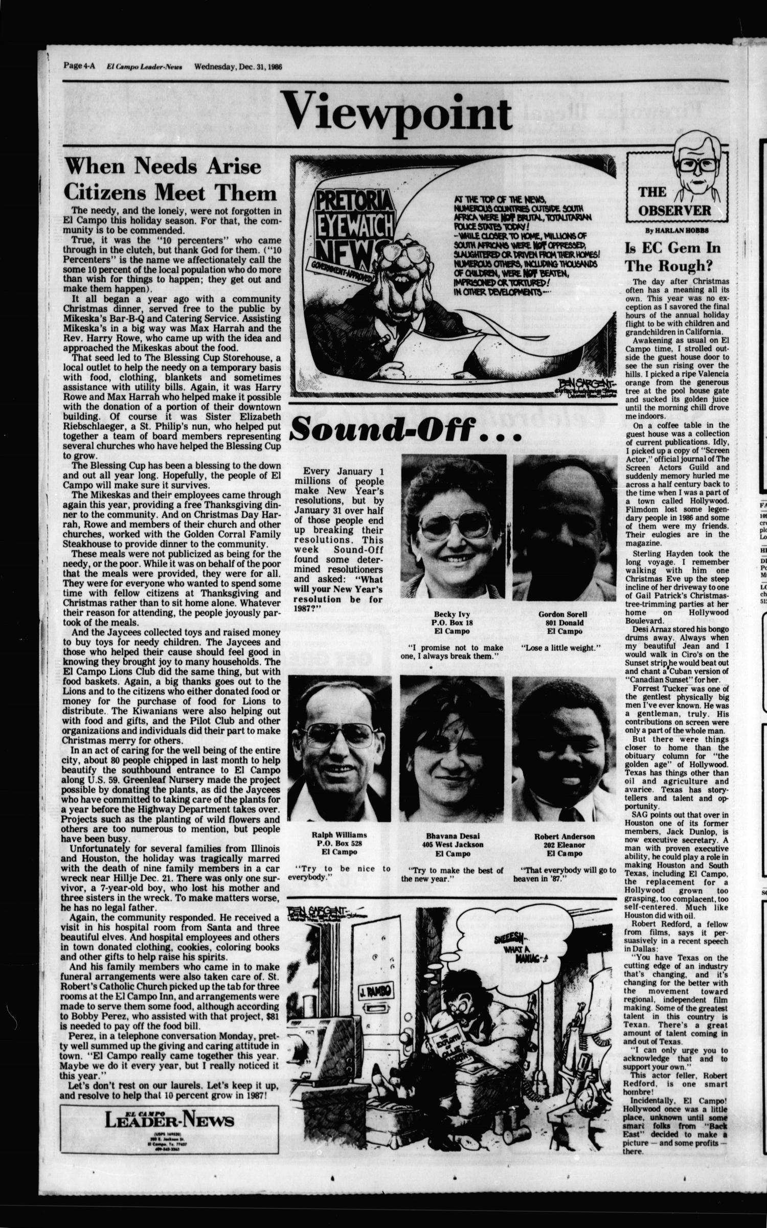 El Campo Leader-News (El Campo, Tex.), Vol. 101, No. 82, Ed. 1 Wednesday, December 31, 1986
                                                
                                                    [Sequence #]: 4 of 22
                                                