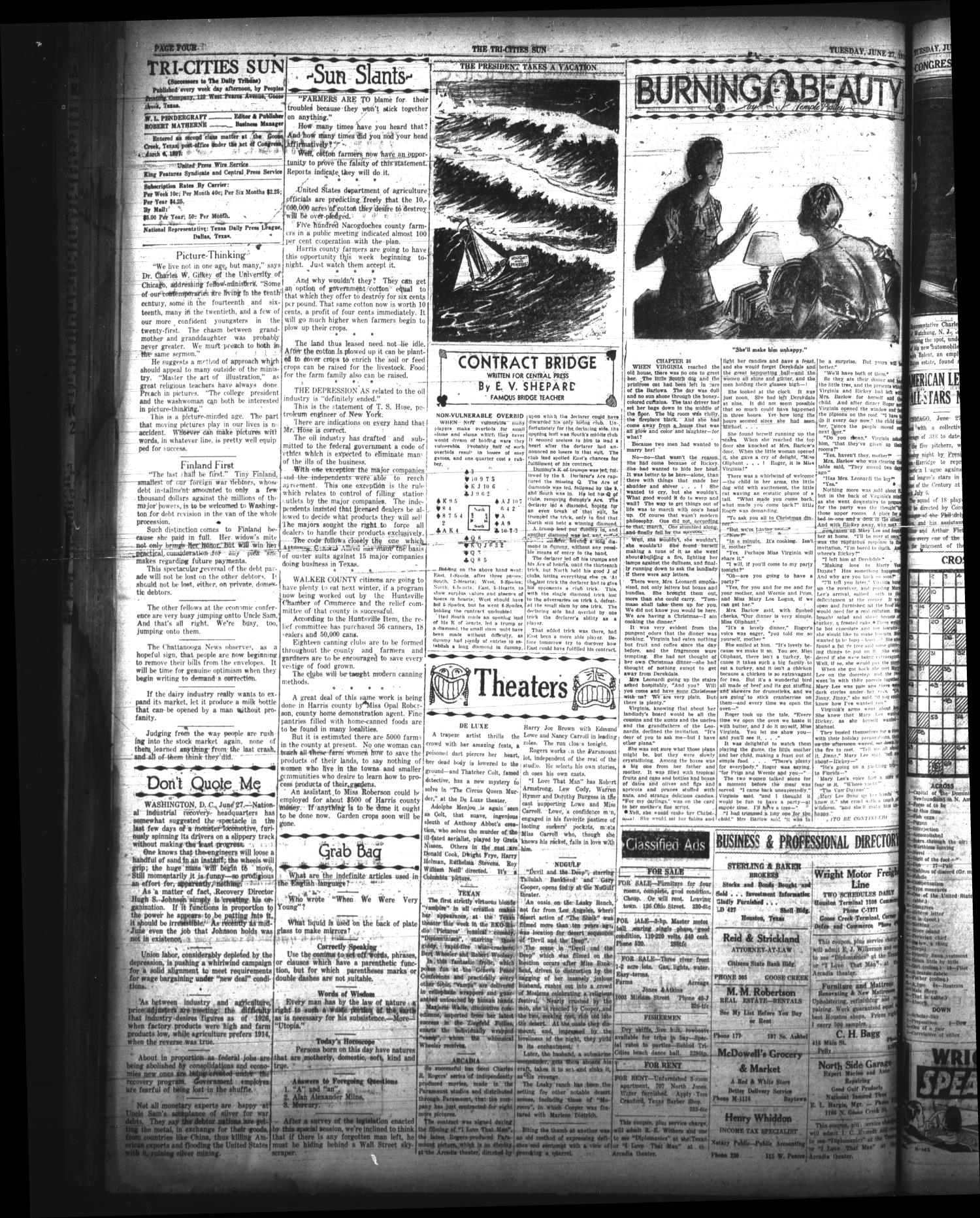 The Tri-Cities Sun (Goose Creek, Tex.), Vol. 14, No. 333, Ed. 1 Tuesday, June 27, 1933
                                                
                                                    [Sequence #]: 4 of 6
                                                