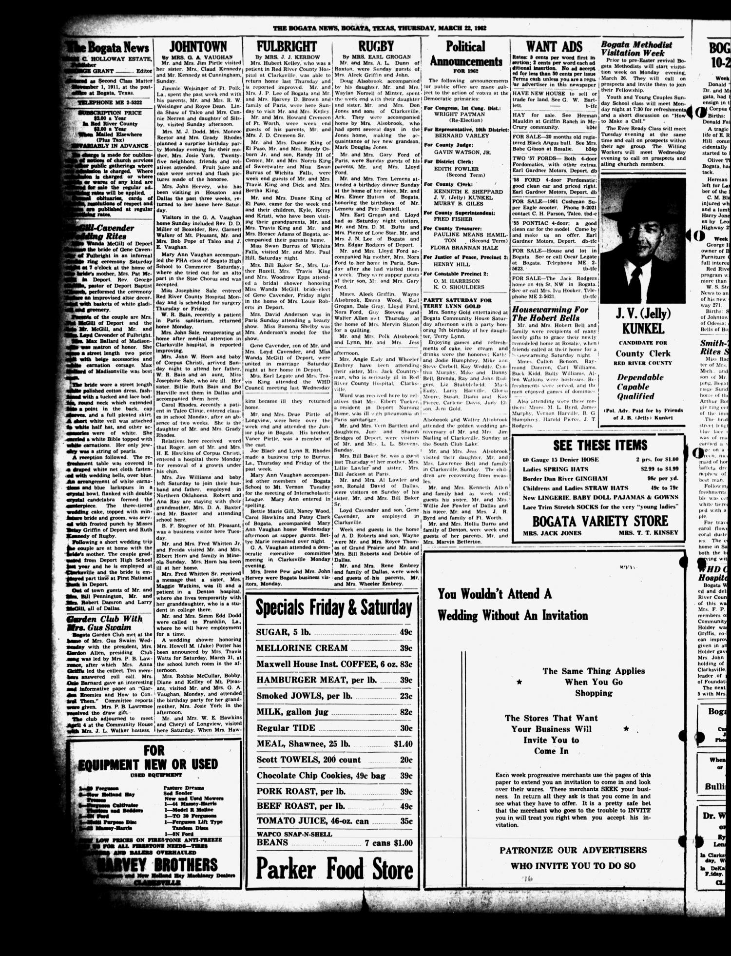 The Bogata News (Bogata, Tex.), Vol. 52, No. 24, Ed. 1 Thursday, March 22, 1962
                                                
                                                    [Sequence #]: 2 of 4
                                                