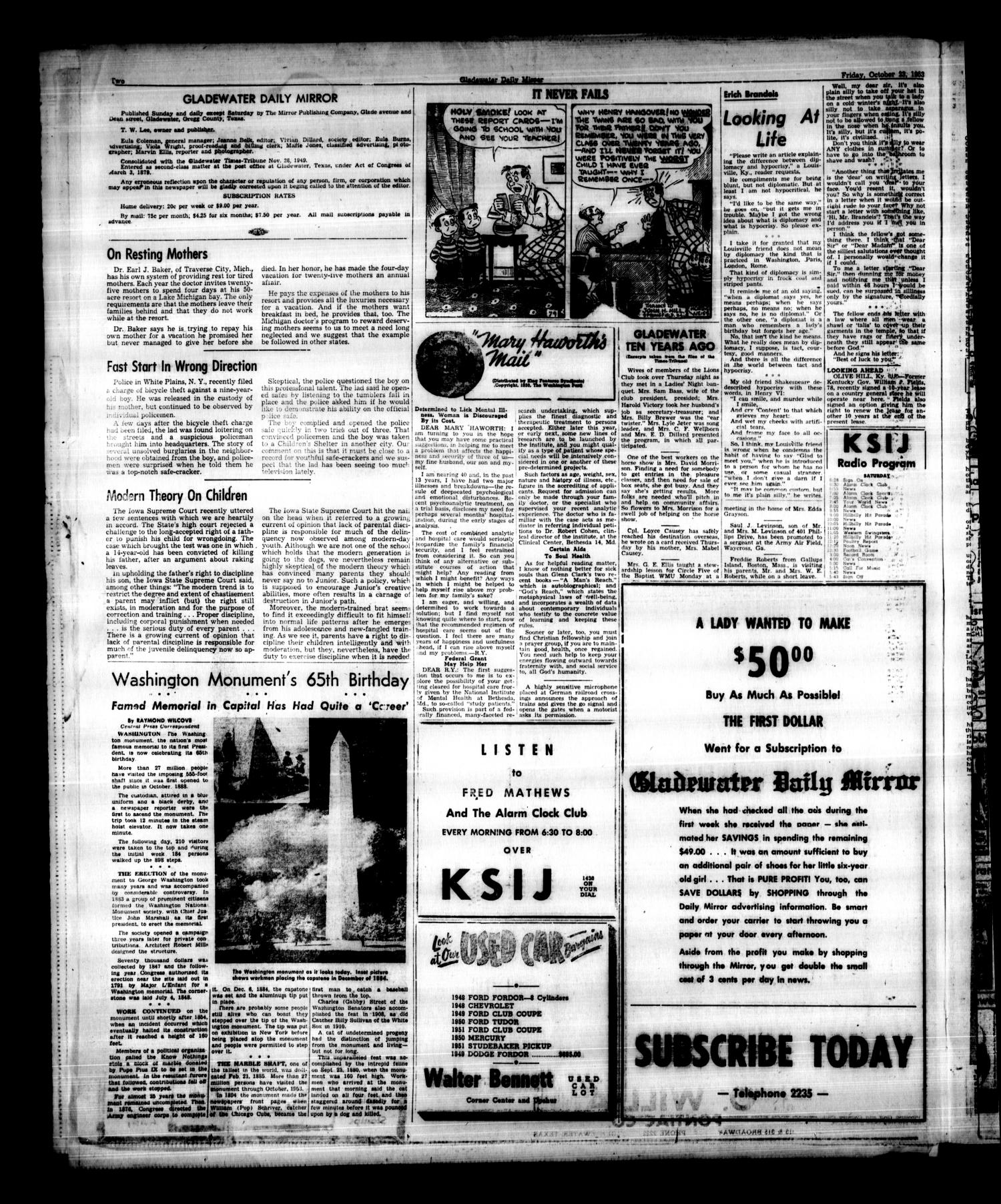 Gladewater Daily Mirror (Gladewater, Tex.), Vol. 5, No. 81, Ed. 1 Friday, October 23, 1953
                                                
                                                    [Sequence #]: 2 of 6
                                                
