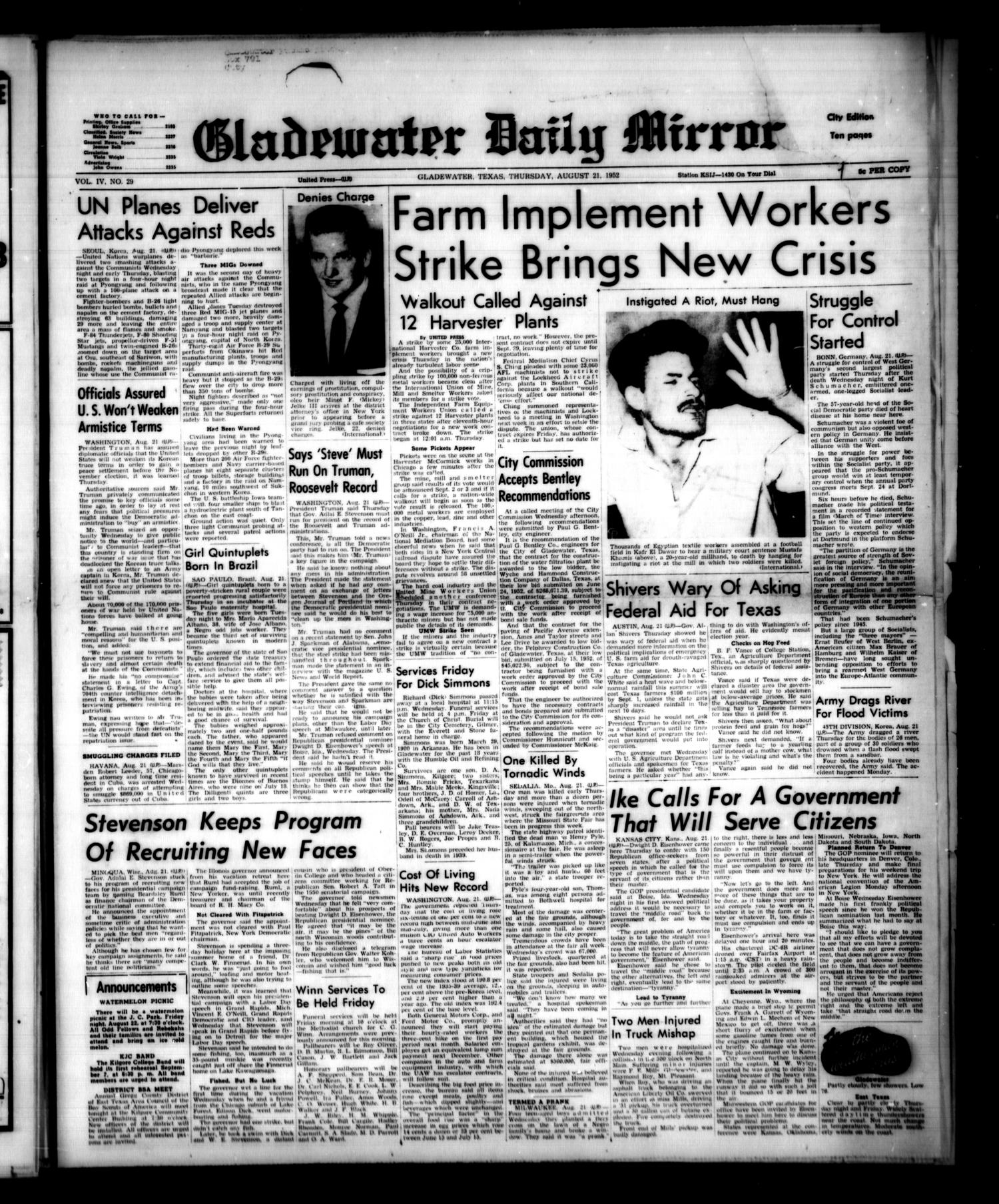 Gladewater Daily Mirror (Gladewater, Tex.), Vol. 4, No. 29, Ed. 1 Thursday, August 21, 1952
                                                
                                                    [Sequence #]: 1 of 10
                                                