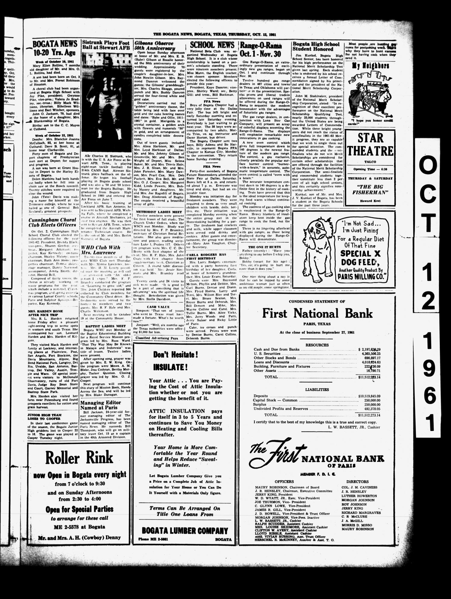 The Bogata News (Bogata, Tex.), Vol. 52, No. 1, Ed. 1 Thursday, October 12, 1961
                                                
                                                    [Sequence #]: 3 of 4
                                                