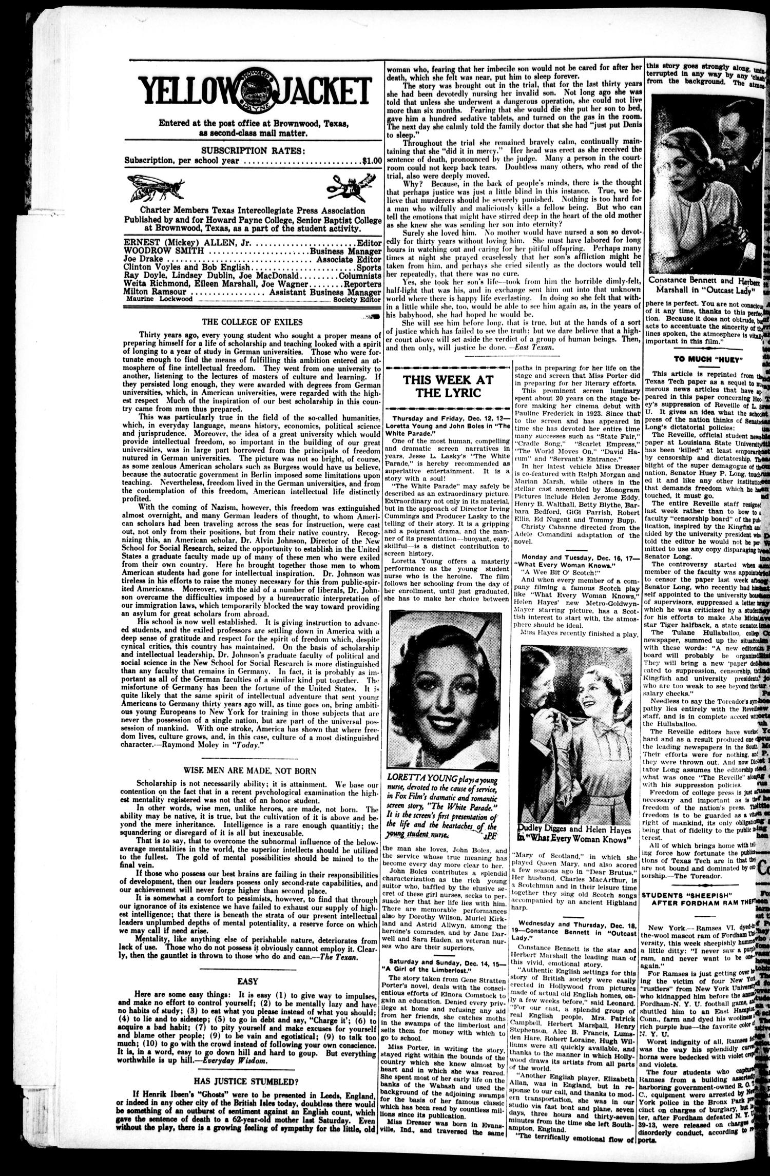 Yellow Jacket (Brownwood, Tex.), Vol. 21, No. 13, Ed. 1, Thursday, December 13, 1934
                                                
                                                    [Sequence #]: 2 of 4
                                                