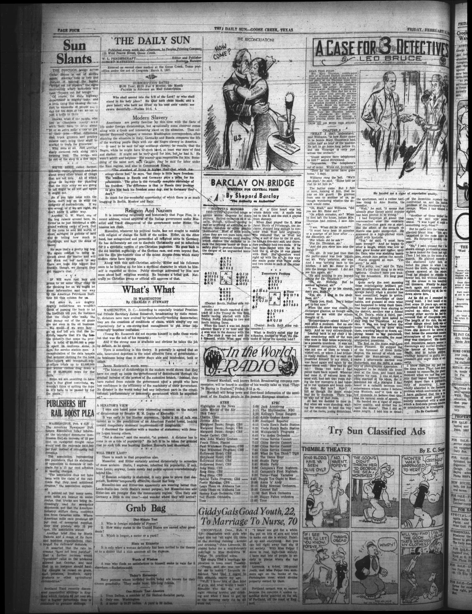 The Daily Sun (Goose Creek, Tex.), Vol. 19, No. 194, Ed. 1 Friday, February 4, 1938
                                                
                                                    [Sequence #]: 4 of 6
                                                