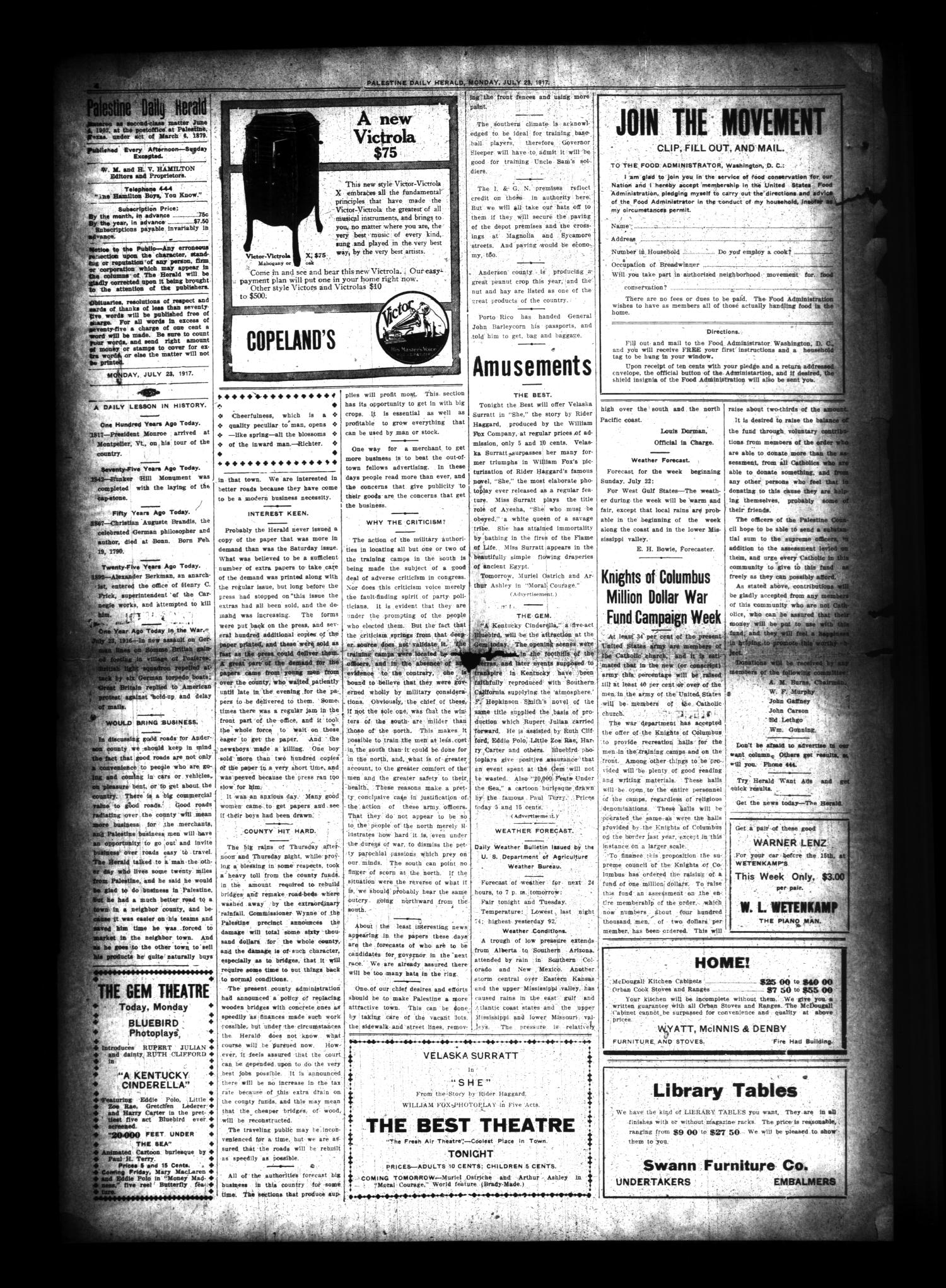 Palestine Daily Herald (Palestine, Tex), Vol. 16, No. 81, Ed. 1 Monday, July 23, 1917
                                                
                                                    [Sequence #]: 4 of 8
                                                