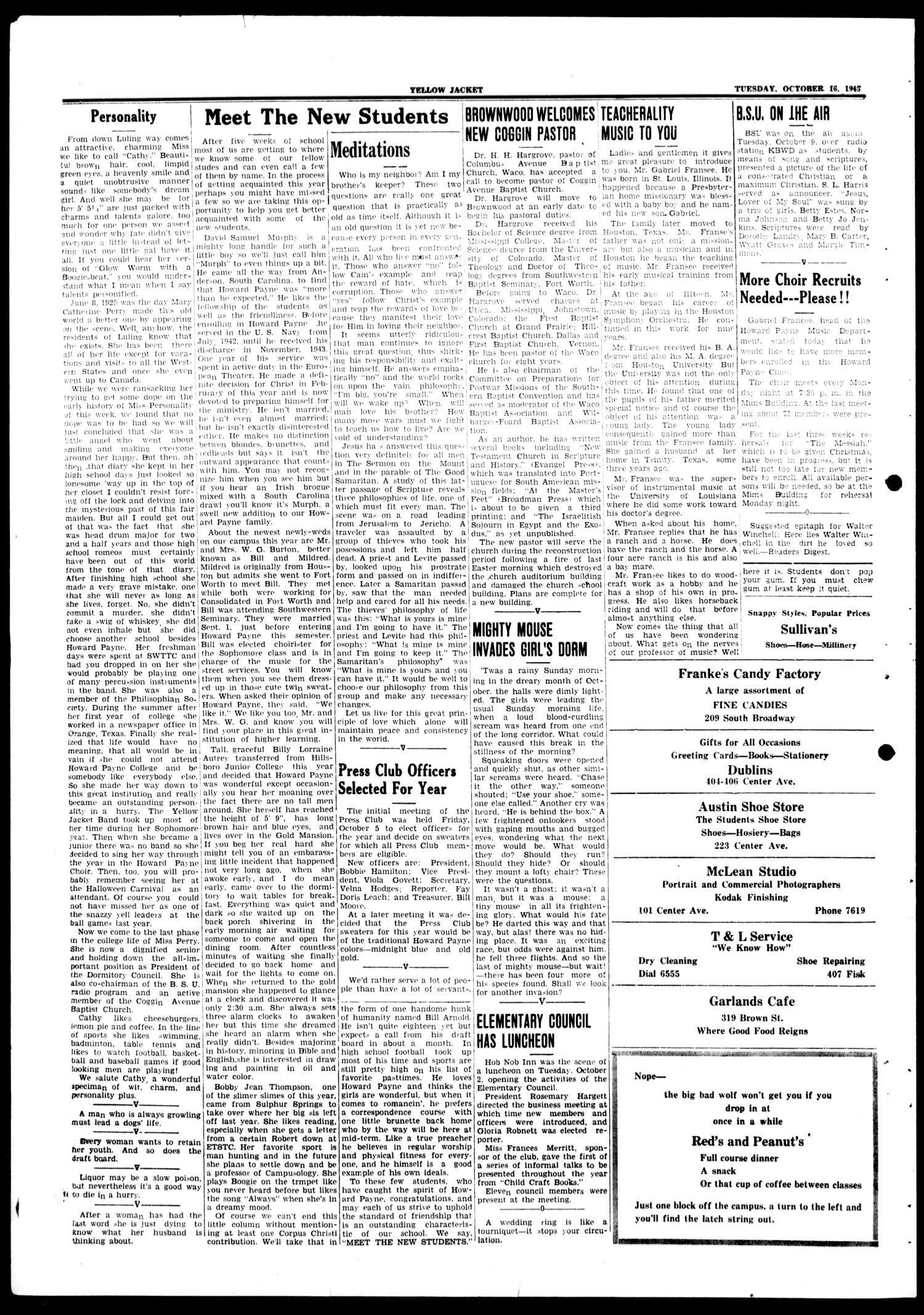 Yellow Jacket (Brownwood, Tex.), Ed. 1, Tuesday, October 16, 1945
                                                
                                                    [Sequence #]: 4 of 4
                                                