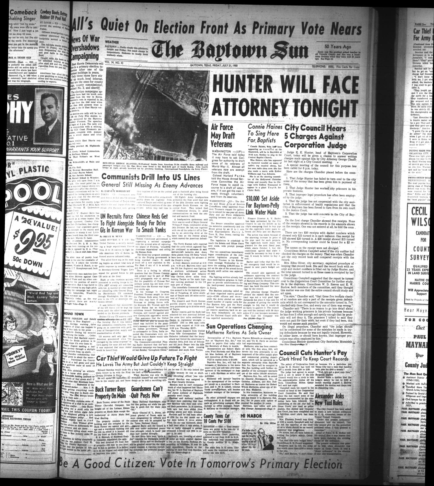 The Baytown Sun (Baytown, Tex.), Vol. 34, No. 43, Ed. 1 Friday, July 21, 1950
                                                
                                                    [Sequence #]: 1 of 12
                                                